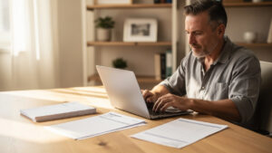 Bailleur en location meublée consultant un ordinateur portable entouré de factures vierges, d’un tableau d’amortissement et d’un relevé bancaire sur un bureau lumineux.