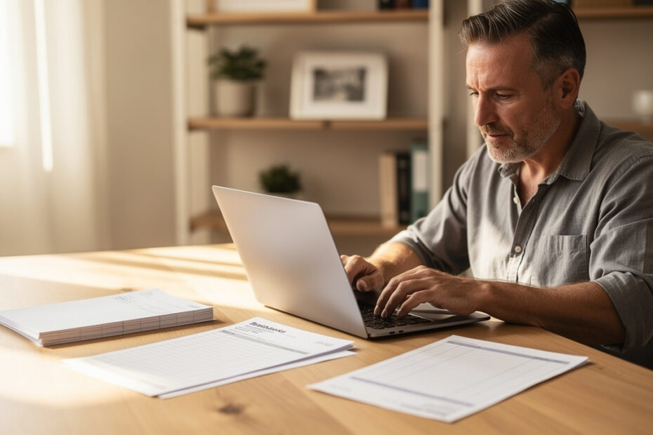 Bailleur en location meublée consultant un ordinateur portable entouré de factures vierges, d’un tableau d’amortissement et d’un relevé bancaire sur un bureau lumineux.
