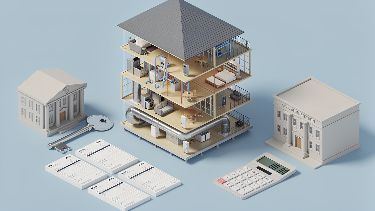 Illustration pédagogique montrant un immeuble meublé en vue éclatée, avec ses différents composants, un prêt bancaire symbolisé par une banque et une clé, une administration locale, des factures vierges et une calculatrice sans inscription.
