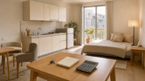 Studio meublé lumineux avec des clés d’appartement, un carnet vierge et une calculatrice posés sur une table.