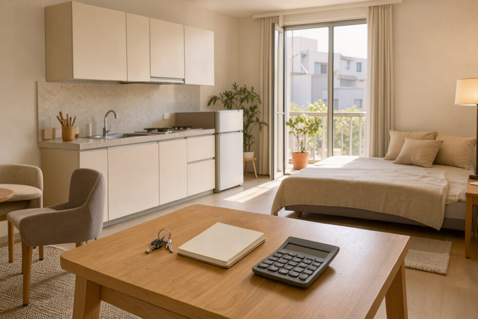 Studio meublé lumineux avec des clés d’appartement, un carnet vierge et une calculatrice posés sur une table.