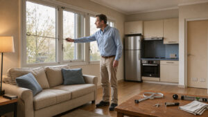 Appartement meublé lumineux en cours d’inspection avant une offre d’achat, avec un homme examinant la pièce et des clés posées sur une table.