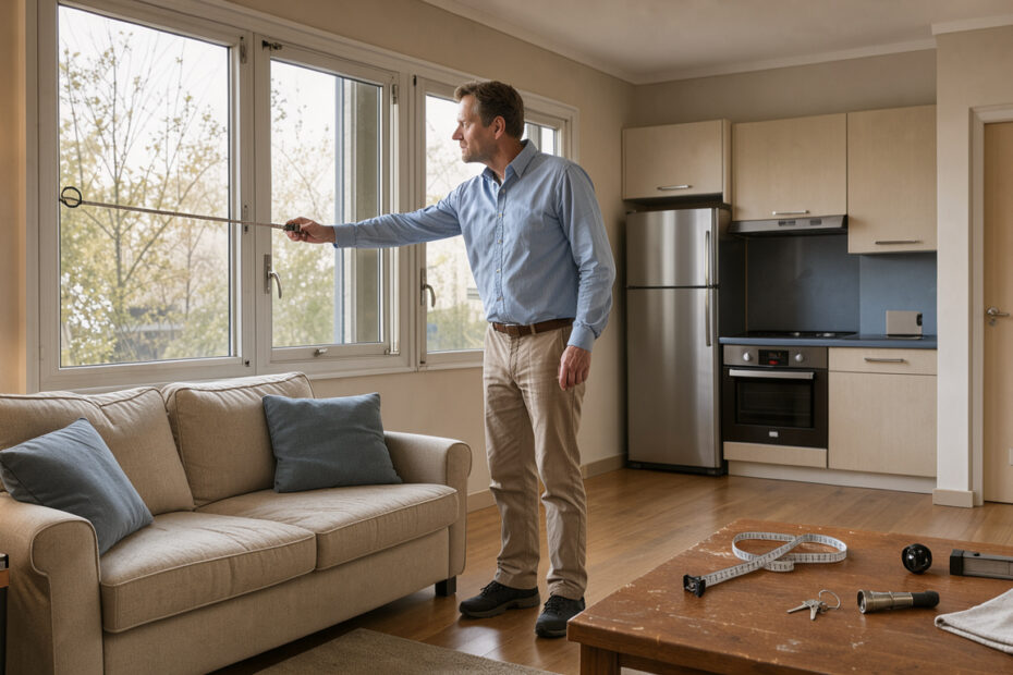 Appartement meublé lumineux en cours d’inspection avant une offre d’achat, avec un homme examinant la pièce et des clés posées sur une table.