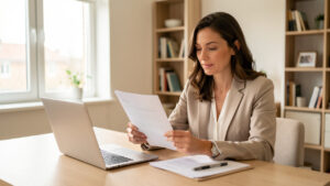 Une investisseuse examine des documents vierges de crédit immobilier devant un ordinateur, avec un appartement moderne visible en arrière-plan.