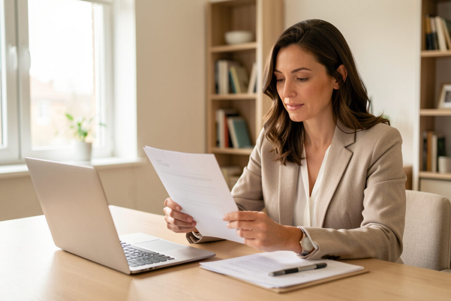 Une investisseuse examine des documents vierges de crédit immobilier devant un ordinateur, avec un appartement moderne visible en arrière-plan.